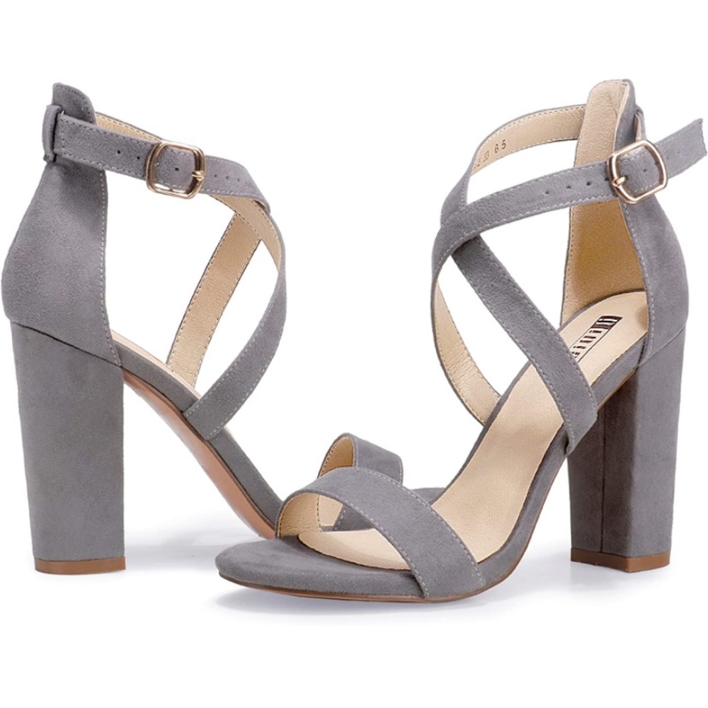 Chunky High Heel Sandal Strappy Open Toe Ankle Strap Gray Suede